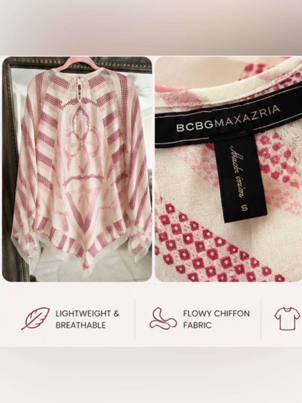 BCBGMAXAZRIA Elyza Printed Blouse – Size Small – Cream Pink Geometric